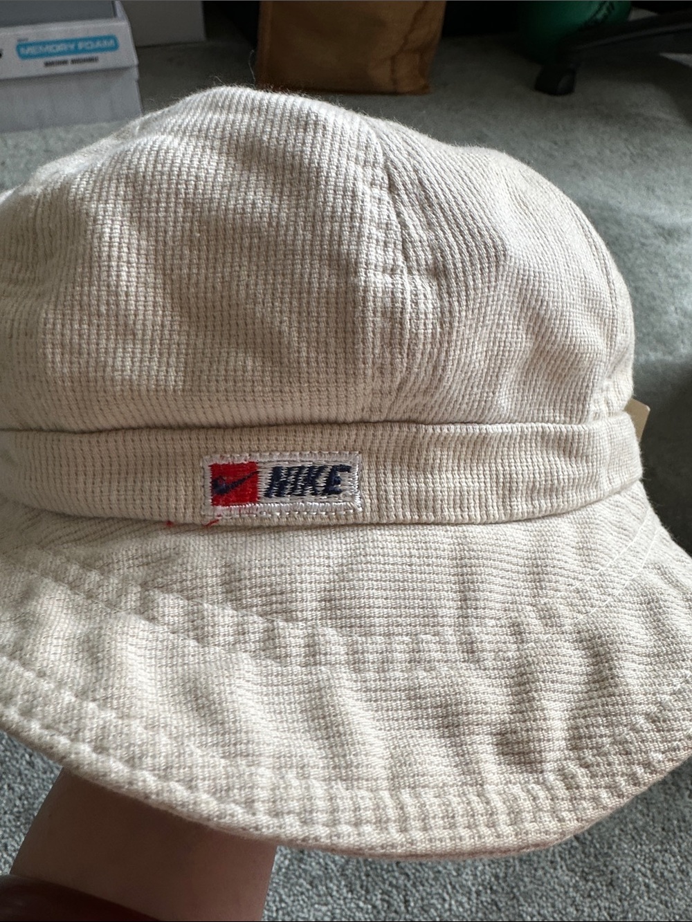 Nike Cream Knit Bucket Hat with Red & Navy Logo - Kids